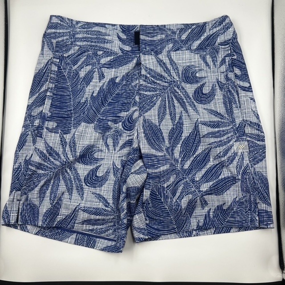 Rhone Men's 7" Blue and White Tropical Palm Board Short Swim Trunks Size 28